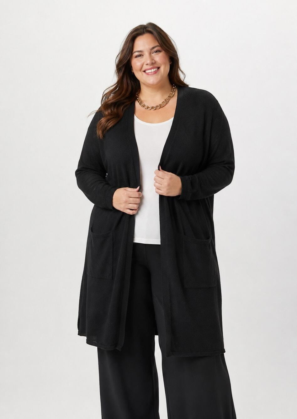 Universal Standard 3X Form and Line Knee Length Duster Cardigan Black Pockets